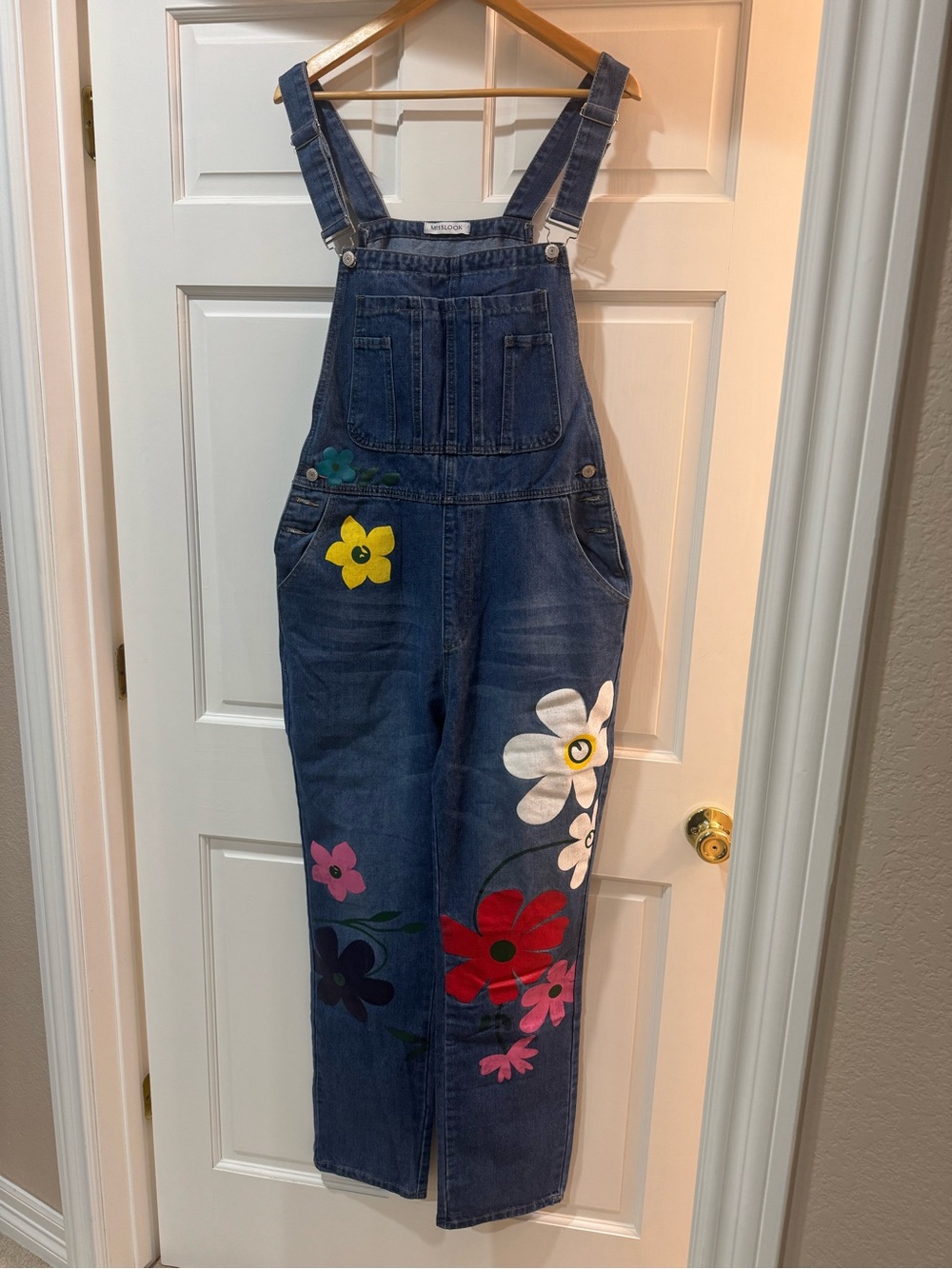 Denim Floral Appliqué Overalls Jumpsuit - Blue